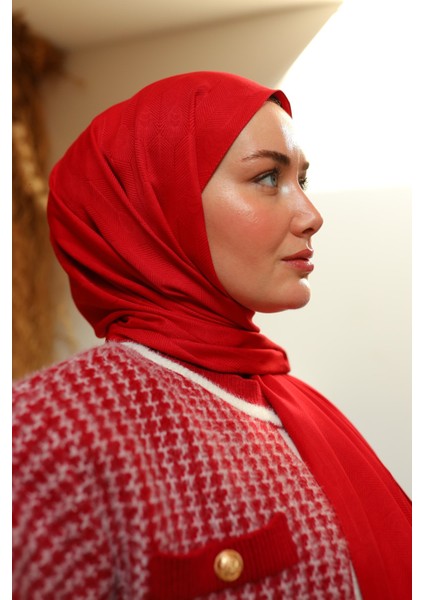 Kaşık Desen Jakarlı Deluxe Şal - Kırmızı
