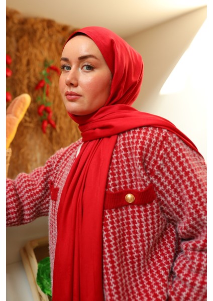 Kaşık Desen Jakarlı Deluxe Şal - Kırmızı modelleri