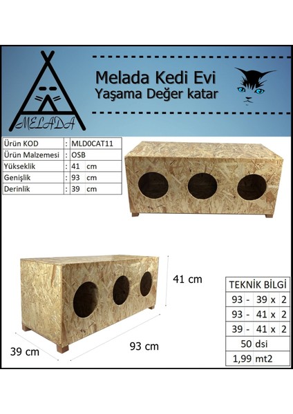 Kedi Evi Dış Ortam Uygun 3'lü Ahşap Kedi Evi Osb 93x41x39 cm