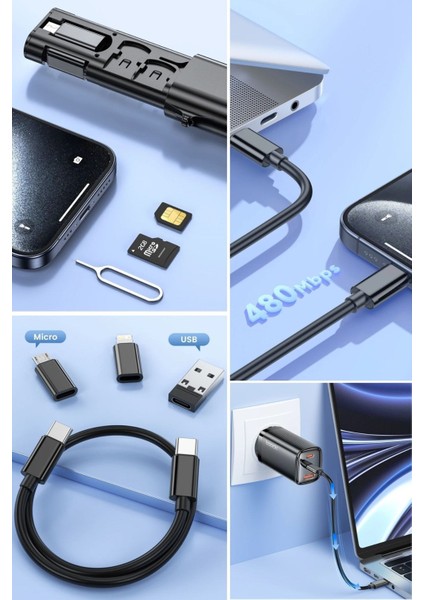 Cep Tipi 60W Bas Aç Type-C, Apple iPhone Şarj, Micro USB Hızlı Şarj Data Kablo Seti