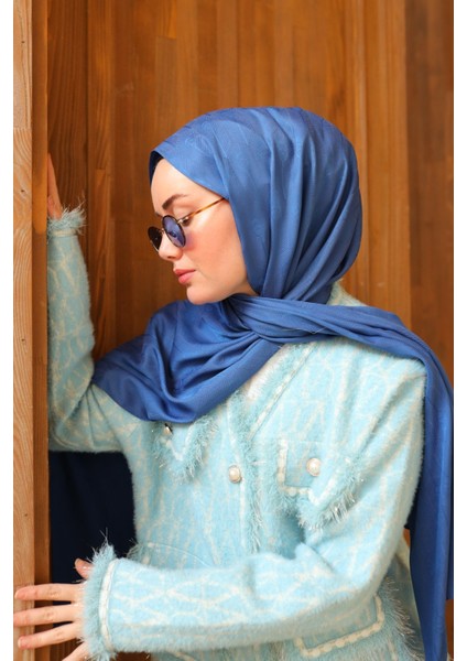 Kaşık Desen Jakarlı Deluxe Şal - Indigo