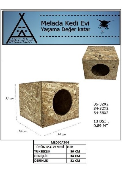 Kedi Evi Dış Ortam Uygun Ahşap Kedi Evi Osb 36x34x32 cm