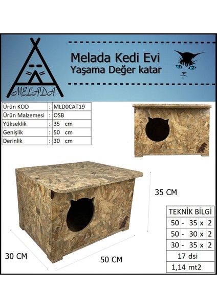 Kedi Evi Dış Ortam Uygun Ahşap Kedi Evi Osb 50x35x30 cm