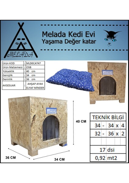 Kedi Evi Dış Ortam Uygun Ahşap Kedi Evi Osb Minderli 40x37x34 cm