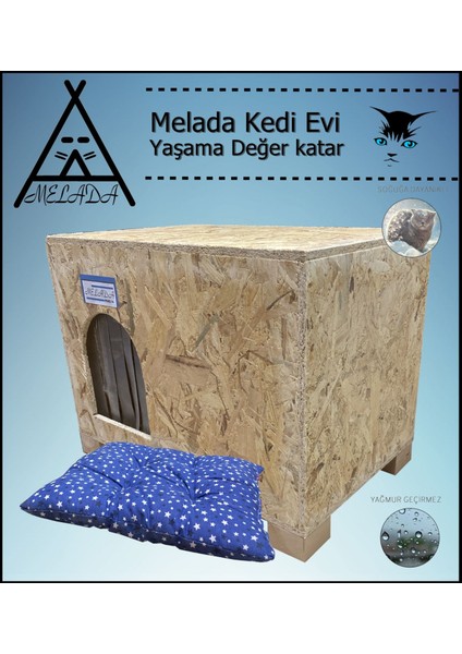 Kedi Evi Dış Ortam Uygun Ahşap Kedi Evi Osb Minderli 61x41x36 cm