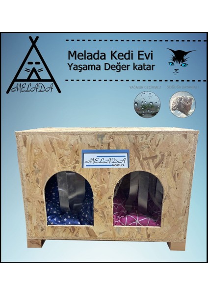 Kedi Evi Dış Ortam Uygun Ahşap Kedi Evi Double Osb Minderli 61x41x36 cm