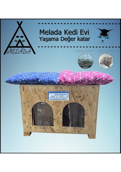 Kedi Evi Dış Ortam Uygun Ahşap Kedi Evi Double Osb Minderli 61x41x36 cm