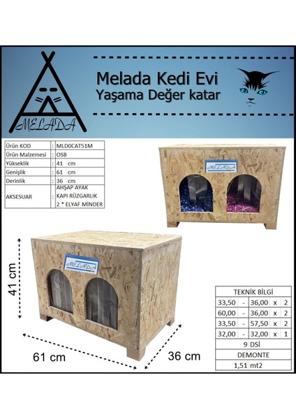 Kedi Evi Dış Ortam Uygun Ahşap Kedi Evi Double Osb Minderli 61x41x36 cm