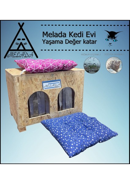 Kedi Evi Dış Ortam Uygun Ahşap Kedi Evi Double Osb Minderli 61x41x36 cm