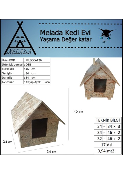 Kedi Evi Dış Ortam Uygun Ahşap Kedi Evi Osb 46x34x34 cm