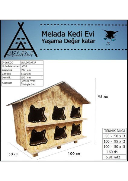 Kedi Evi Dış Ortam Uygun Ahşap Kedi Evi Osb 100x95x50 cm