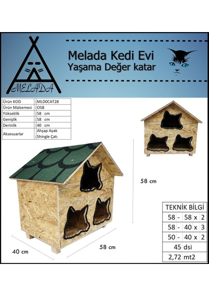 Kedi Evi Dış Ortam Uygun Ahşap Kedi Evi Osb 58x58x40 cm