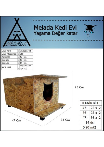 Kedi Evi Dış Ortam Uygun Ahşap Kedi Evi Osb 47x36x25 cm