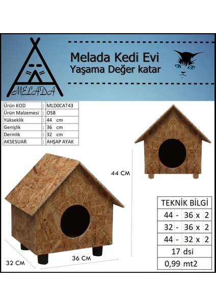 Kedi Evi Dış Ortam Uygun Ahşap Kedi Evi Osb 44x36x32 cm