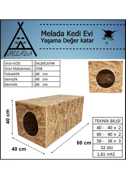 Kedi Evi Dış Ortam Uygun Ahşap Kedi Evi Osb 60x40x40 cm