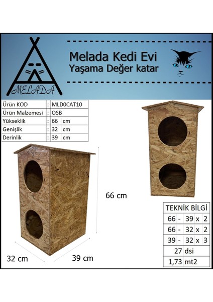 Kedi Evi Dış Ortam Uygun Ahşap Kedi Evi Dublex Osb 66x39x32 cm