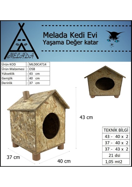 Kedi Evi Dış Ortam Uygun Ahşap Kedi Evi Osb 43x40x37 cm