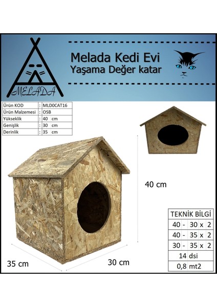 Kedi Evi Dış Ortam Uygun Ahşap Kedi Evi Osb 40x35x30 cm