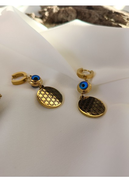 Kadın Gold Renk Yaşam Çiçeği Model Nazar Boncuğu Detaylı 316 L Çelik Küpe