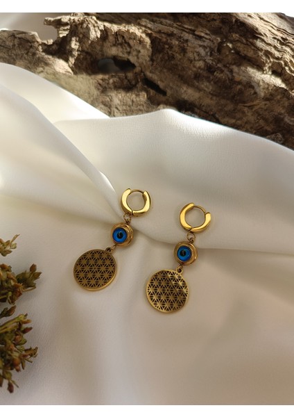 Kadın Gold Renk Yaşam Çiçeği Model Nazar Boncuğu Detaylı 316 L Çelik Küpe modelleri