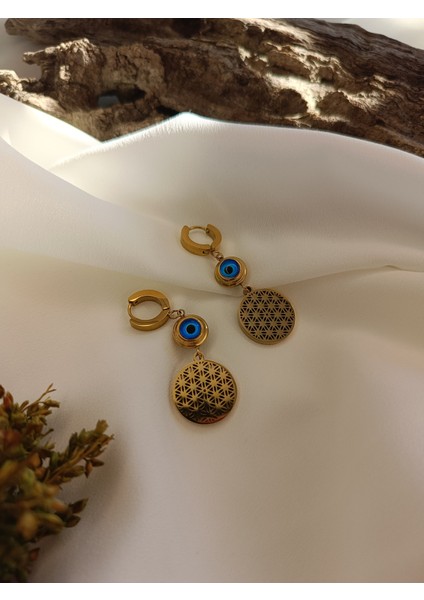 Kadın Gold Renk Yaşam Çiçeği Model Nazar Boncuğu Detaylı 316 L Çelik Küpe fırsatları