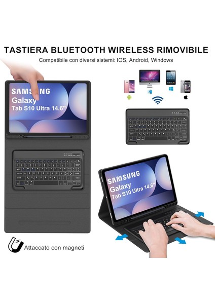 Samsung Galaxy S10 Ultra 14.6 Inç SM-X920 Klavyeli Tablet Kılıfı Kalem Bölmeli Bluetooth Kılıf Q Türkçe
