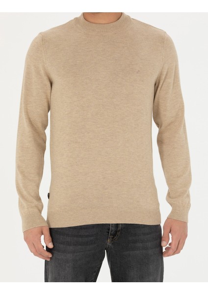 Erkek Taş Melanj Slim Fit Çeyrek Yaka Basic Triko Kazak 50276158-VR225