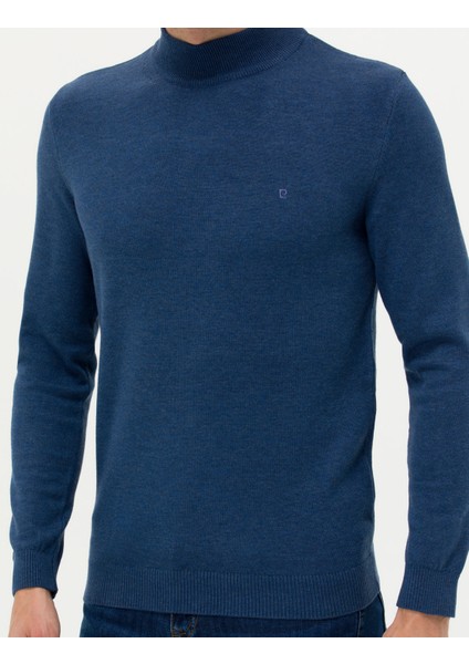 Erkek İndigo Melanj Slim Fit Yarım Balıkçı Yaka Basic Triko Kazak 50276161-VR155