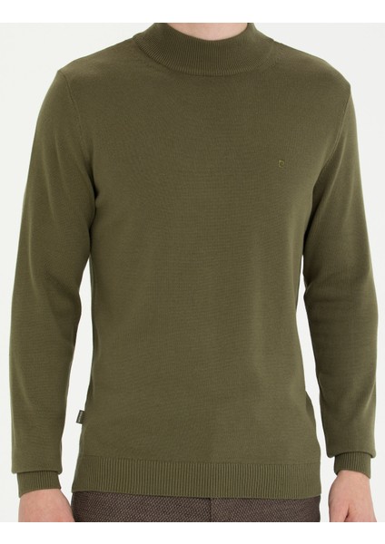 Erkek Koyu Haki Slim Fit Yarım Balıkçı Yaka Basic Triko Kazak 50276161-VR111