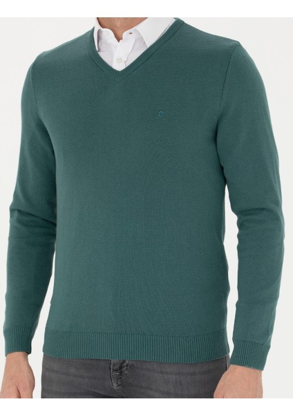 Erkek Yeşil Slim Fit V Yaka Basic Triko Kazak 50276156-VR054