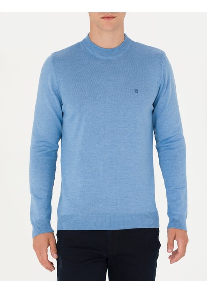 Erkek Mavi Melanj Slim Fit Çeyrek Yaka Basic Triko Kazak 50276534-VR113