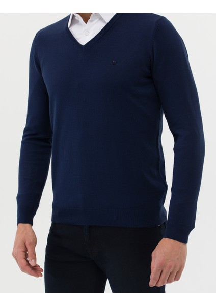 Erkek Açık Lacivert Slim Fit V Yaka Basic Triko Kazak 50276536-VR059