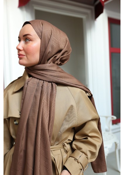 Labirent Desen Jakarlı Deluxe Şal - Sütlü Kahve