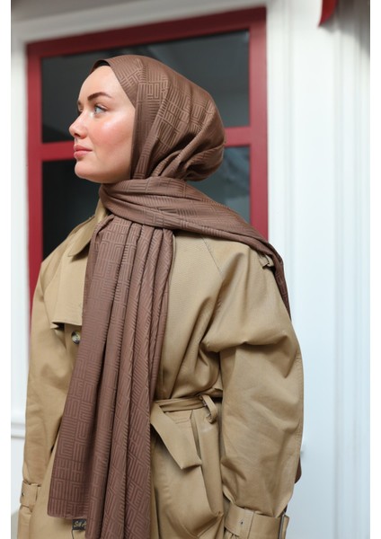 Labirent Desen Jakarlı Deluxe Şal - Sütlü Kahve