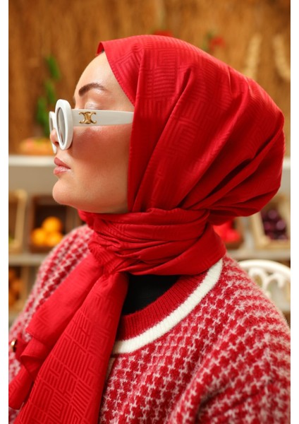Labirent Desen Jakarlı Deluxe Şal - Kırmızı