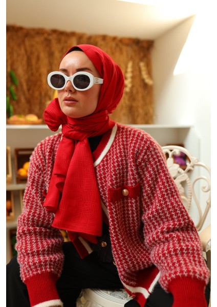 Labirent Desen Jakarlı Deluxe Şal - Kırmızı