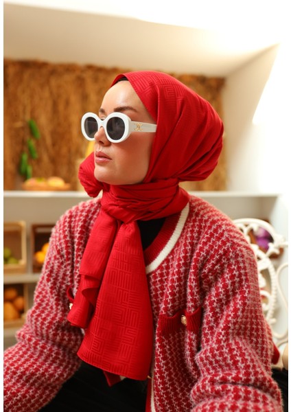 Labirent Desen Jakarlı Deluxe Şal - Kırmızı
