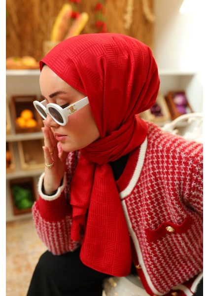 Labirent Desen Jakarlı Deluxe Şal - Kırmızı