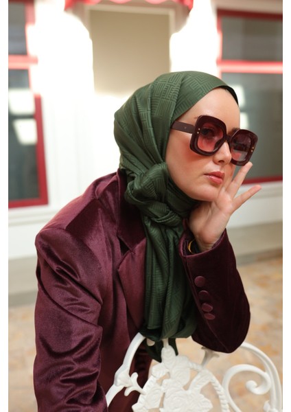 Labirent Desen Jakarlı Deluxe Şal - Haki