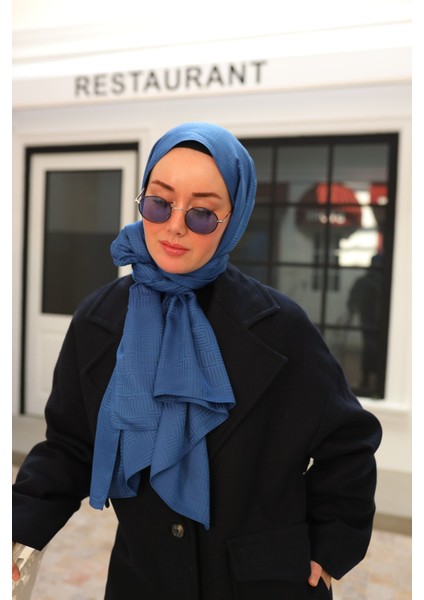 Labirent Desen Jakarlı Deluxe Şal - Indigo