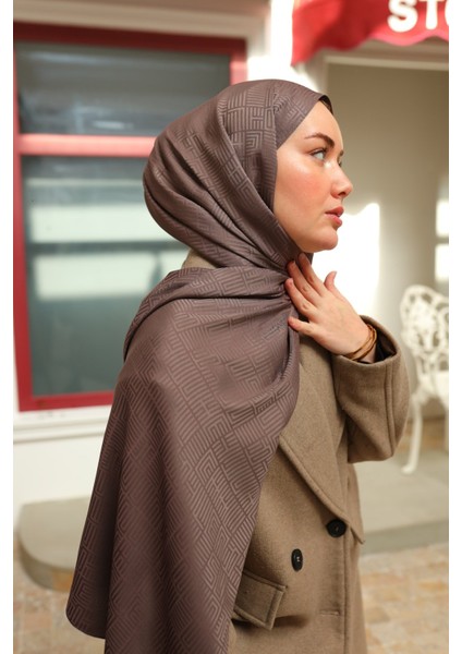 Labirent Desen Jakarlı Deluxe Şal - Koyu Vizon