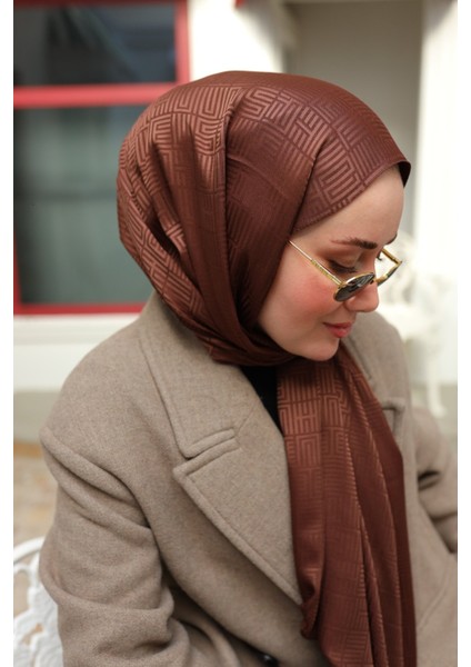 Labirent Desen Jakarlı Deluxe Şal - Kahverengi modelleri