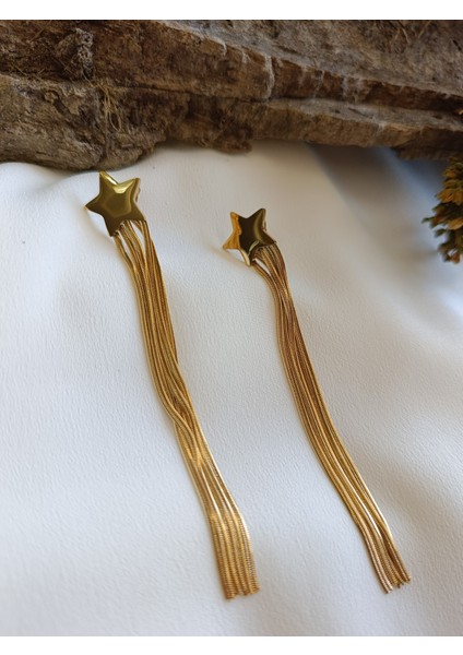 Kadın Gold Renk Yıldız Model Ezme Zincir Detaylı Sallantılı 316 L Çelik Küpe