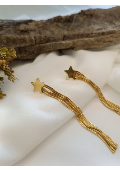 Kadın Gold Renk Yıldız Model Ezme Zincir Detaylı Sallantılı 316 L Çelik Küpe fiyatları