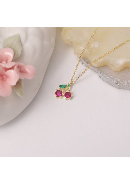 925 Ayar Gümüş Renkli Taşlı Kiraz Kolye
