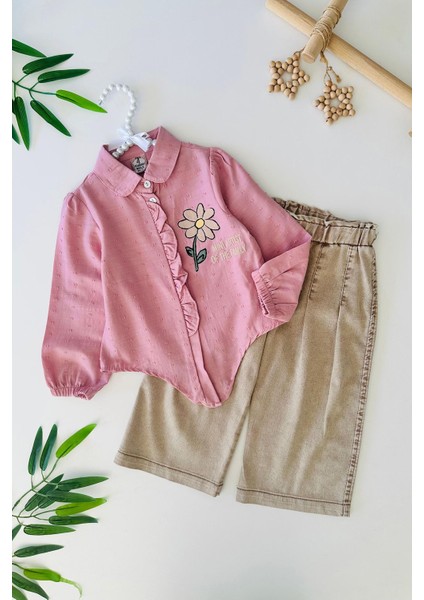 Papatya Baskılı Bağlama Detaylı Bol Pantolunlu Kız Çocuk 2 li takım - Pembe