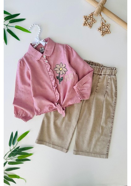 Papatya Baskılı Bağlama Detaylı Bol Pantolunlu Kız Çocuk 2 li takım - Pembe fiyatları