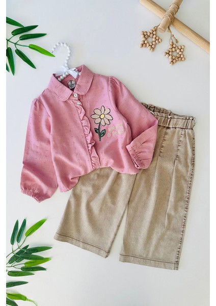 Papatya Baskılı Bağlama Detaylı Bol Pantolunlu Kız Çocuk 2 li takım - Pembe modelleri