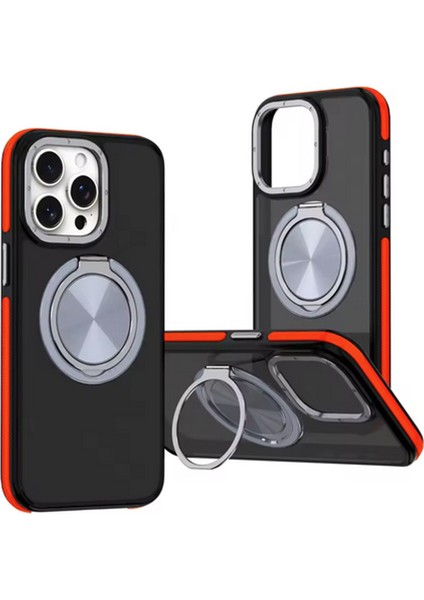 iPhone 16 Plus ile Uyumlu Kılıf Double Color Magsafe ile Uyumlu Stand Olabilen 360° Dönen Halka Ring Tutuculu Already Magnetic Wireless iphone ile Uyumlu Kılıf Kapak Siyah-Kırmızı