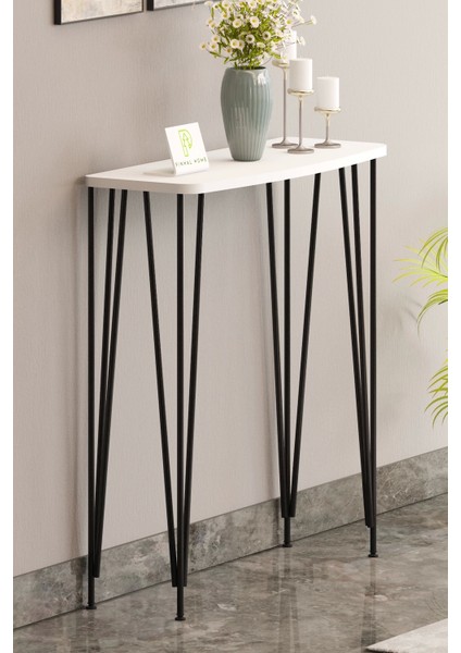 100 cm Beyaz Dresuar Kahve Köşesi Konsol Modern Raf Metal Boru Siyah Ayaklı